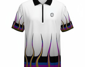 Polo de golf retro con llamas y estampado floral hawaiano abstracto