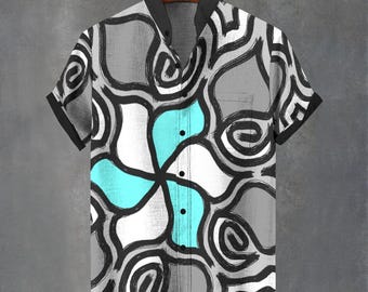 Mandela Spiral Geometric Swirl Hawaiian Shirt, Abstract Artistic Print Button Down