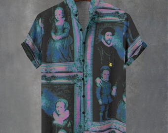 May include: Short-sleeved button-down shirt featuring a repeating pattern of framed portraits in shades of blue, black, and pink. The shirt has a classic collar and a relaxed fit, suitable for casual wear. The design incorporates historical artwork.