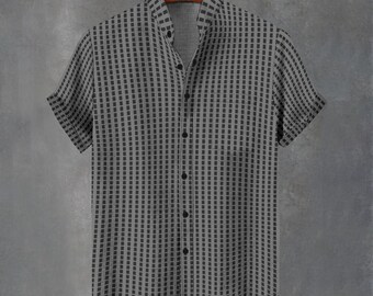 Grey Geometric Grid Button-Down Shirt – Modern Party Shirt