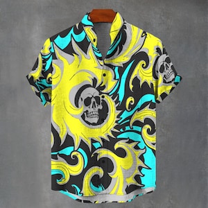 ボタンダウン メンズ シャツ - Party Favours Shirt Co - 抽象的なスクロール サイケデリック スカル グルーヴィーな花柄シャツ - 夏のギフトアイデア