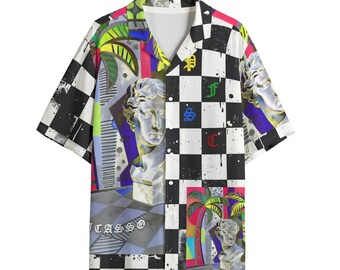 Camicia a quadri stile Picasso – Stampa geometrica astratta moderna in rayon con bottoni