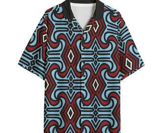 Camisa de rayón con rayas retro de los años 70 – Camisa de campamento con estampado geométrico abstracto y botones