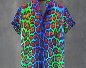 Neon Jaguar Print Button-Up Shirt – Abstract Leopard Design