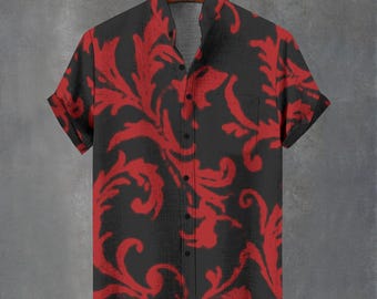 Red Baroque Floral Large Print Button-Down Shirt - Abstract Flower Summer button Up.
