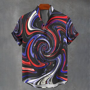 May include: A short-sleeve button-down shirt featuring a black base with a vibrant, swirling marble pattern in shades of red, blue, and white. The shirt has a standard collar, a front button placket, and a straight hemline with cuffed sleeves.