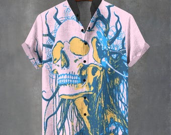 Skull Print Button-Up Shirt – Rock Star Hawaiian Party Shirt