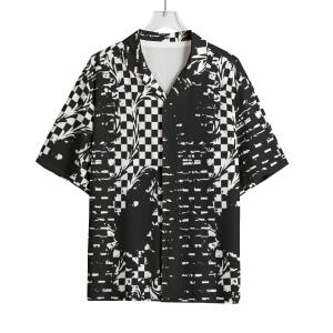 Checker Warped Grunge Linework Distressed Rayon Shirt – Abstract Button Down
