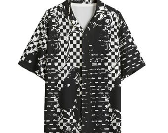 Checker Warped Grunge Linework Distressed Rayon Shirt – Abstract Button Down