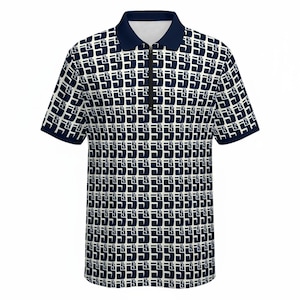 May include: A short-sleeved polo shirt with a navy blue collar and cuffs. The shirt features a repeating pattern of navy blue and off-white geometric shapes. It has a black zipper down the front.