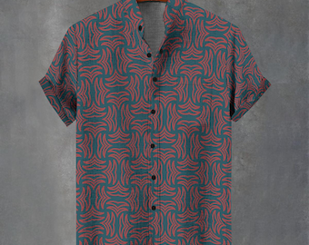 Camisa de fiesta retro con estampado psicodélico ondulado y remolino - Camisa moderna de verano geométrica y psicodélica con botones.
