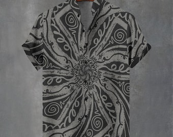 Abstract Geometric Cotton Button Down Shirt - Festival Party Shirt
