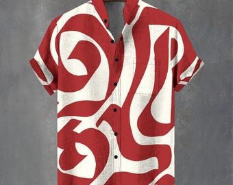 Rood abstract grafisch herenshirt, korte mouw feest button-up