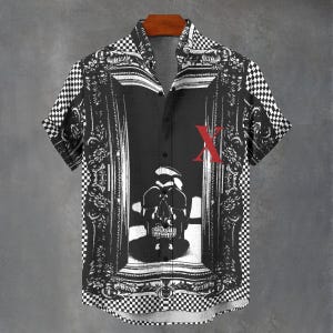 Abstract Painting on Shirt Checker Pattern All Over Print button Down Shirt Hawaiian Style Skull Party Shirt Grunge Gothic Punk Style