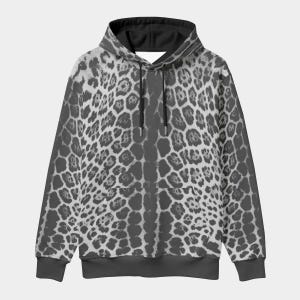 May include: A black and white leopard print hoodie. The sweatshirt features a black hood lining, drawstrings, and cuffs. The animal print pattern covers the entire garment, offering a striking and fashionable aesthetic.