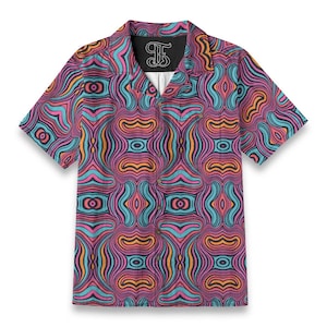Psychedelic Hawaiian Pattern All Over Print Camp Collar Button Down Shirt Abstract Groovy Disco Vintage Style Gift for Him Or Her.