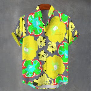 Hawaiian Abstract Floral Print Digital Art Party Shirt All Over Flower Print Gift For Him or Her Button Up Mans Button Down Fancy Shirt.