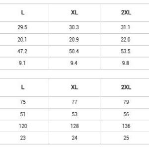 May include: A black and white sizing chart table for apparel, displaying measurements in inches and centimetres for sizes S through 5XL. The table lists length, shoulder, bust, and sleeve dimensions for each size, providing a clear reference guide.
