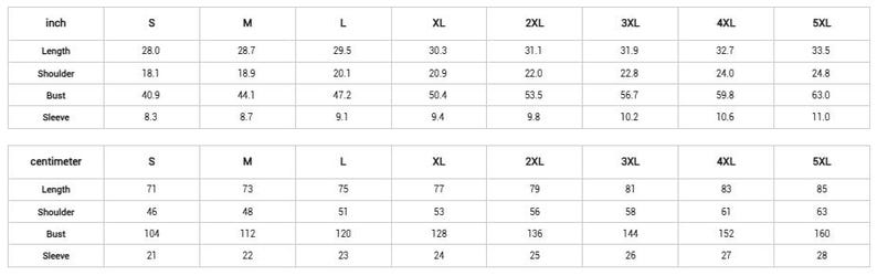May include: A black and white sizing chart table for apparel, displaying measurements in inches and centimetres for sizes S through 5XL. The table lists length, shoulder, bust, and sleeve dimensions for each size, providing a clear reference guide.