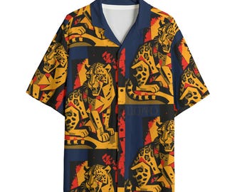 May include: Short-sleeved button-down shirt with a bold leopard print in yellow, red, and black on a navy blue background. The shirt has a V-neck collar and a relaxed fit, perfect for casual wear.