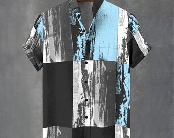 Camisa hawaiana única con estampado geométrico de cuadros grandes, camisa abstracta con botones para festivales.