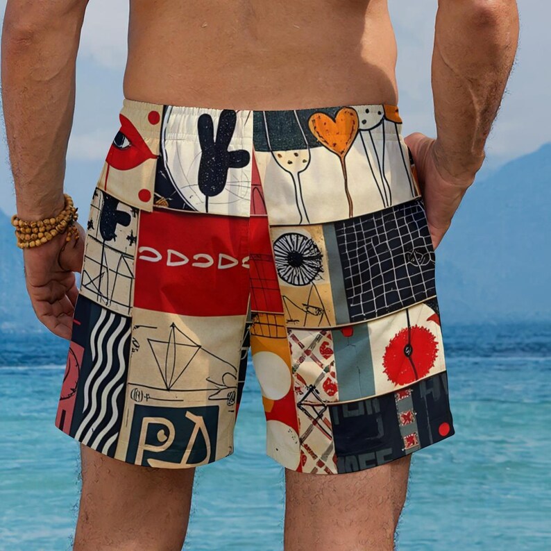May include: Swim trunks with a patchwork design featuring various shapes and symbols in red, black, white, and beige. The trunks have an elastic waistband and a relaxed fit, perfect for the beach or pool.