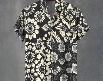 Retro Floral Hawaiian Shirt, Black & White Cotton Blend