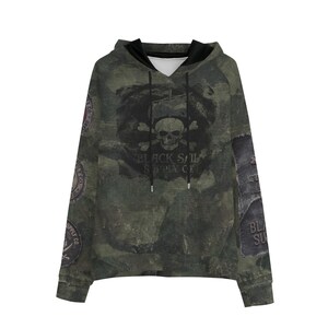 Black Sail Supply Co - Military Green Distressed Canvas Graphic - Embroidery Patchwork Pull over Hoodie