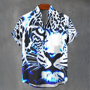 Music Festival Psychedelic Abstract Artic Blue Leopard Party Shirt Animal Print Gift For Him or Her Button up Mens Button Down Ibiza Leopard