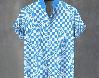 Men's Warped Blue Checker Button Down Shirt – Summer Party Festival