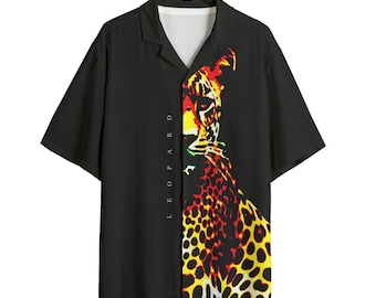 May include: Black short-sleeve button-down shirt with a leopard print design on the right side. The leopard print features yellow, orange, and red spots. The word "LEOPARD" is printed vertically on the left side of the shirt.