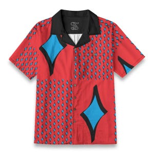 Orange Geometric Button Down Shirt With Blue Diamonds and Modern Print Shirt