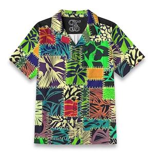Abstract Patchwork Graphic Collage Hawaiian Pattern All Over Print Camp Collar Button Down Shirt Gift for Him Or Her