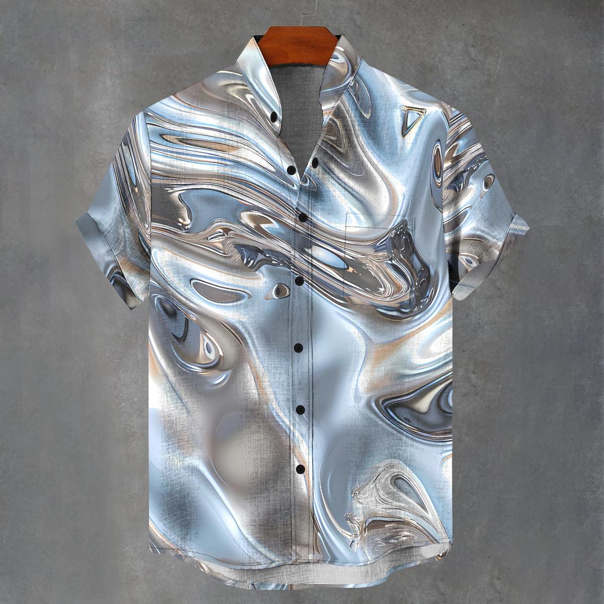 Abstract Silver Chrome Button-up Shirt, Digital Art Rave Wear 