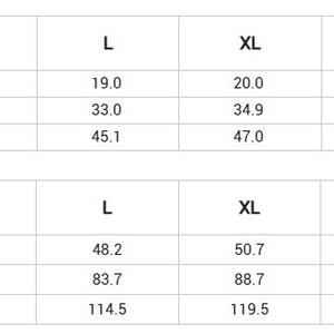 May include: A white chart with size measurements in inches and centimeters. The chart details length, waist, and hip measurements for sizes S through 5XL. Measurements in inches range from 17.0 to 23.9 inches for length.