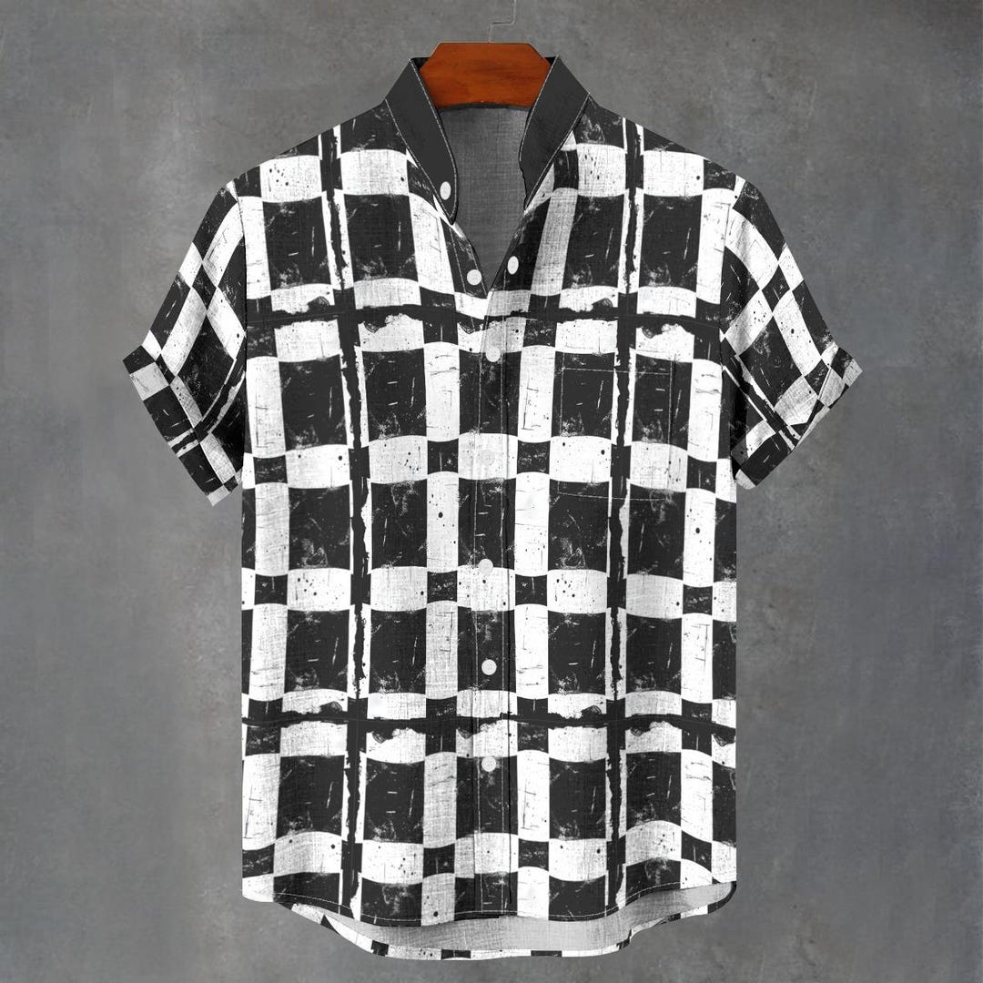 Geometric Checker Pattern Button Down Shirt - Distressed Graphic Print ...