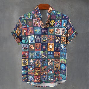 May include: Short-sleeved button-down shirt with a pixelated, colorful pattern of various cartoon characters. The shirt features a classic collar and is made of a lightweight fabric. The design includes squares of different colors and characters.