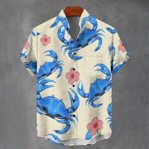 Button Up Shirt Men&#39;s Retro Party Vibe Hawaiian Style Retro Graphic Shirt For Men Crab Shirt Pixelated