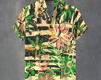 Camicia hawaiana con motivo floreale di fiori selvatici, camicia hawaiana con stampa astratta e bottoni