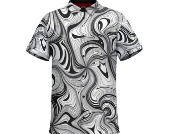 Camisa de algodón de manga corta con botones – Líneas onduladas en blanco y negro