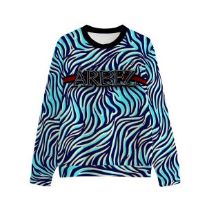 May include: A long-sleeve sweatshirt featuring a vibrant zebra-like pattern in shades of dark blue, light blue, and cream. Across the chest, a horizontal red and black stripe sits behind the word ARBEZ written in bold, outlined capital letters.
