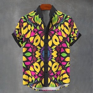 Tropical Geometric Party Shirt All Over Artistic Print Gift For Him or Her Hawaiian Style Mans Button Down Psychedelic Shirt.