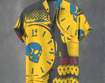 Abstract Geometric Skull Print Button-Up Shirt – Party Festival Fashion