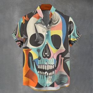 Skull Psychedelic Print Button-Down Party Shirt - Geometric Trippy Summer button Up.