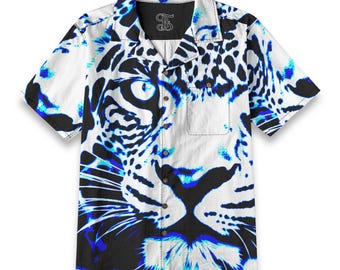 Camisa de fiesta con botones y estampado de leopardo azul ártico para hombre, ideal para festivales de música o vacaciones.