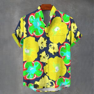 Hawaiian Abstract Floral Print Digital Art Party Shirt All Over Flower Print Gift For Him or Her Button Up Mans Button Down Fancy Shirt.