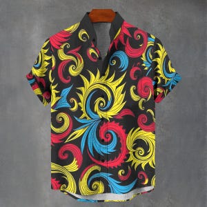 ボタンダウン メンズ シャツ - Party Favours Shirt Co - 抽象的なスクロール サイケデリック スカル グルーヴィーな花柄シャツ - バロック プリント シャツ。