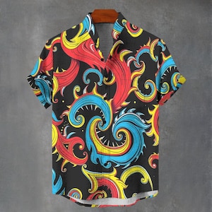 ボタンダウン メンズ シャツ - Party Favours Shirt Co - 抽象的なスクロール サイケデリック グルーヴィーな花柄シャツ - 夏のパーティーのギフトアイデア
