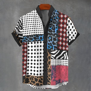 Abstract Animal Print Patchwork Button-Down Shirt
