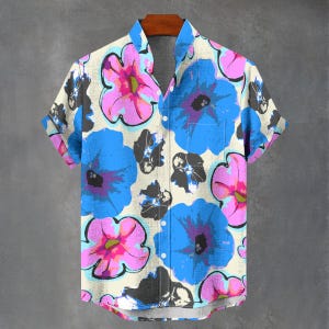 Hawaiian Abstract Floral Print Digital Art Party Shirt All Over Flower Print Gift For Him or Her Button Up Mans Button Down Fancy Shirt.